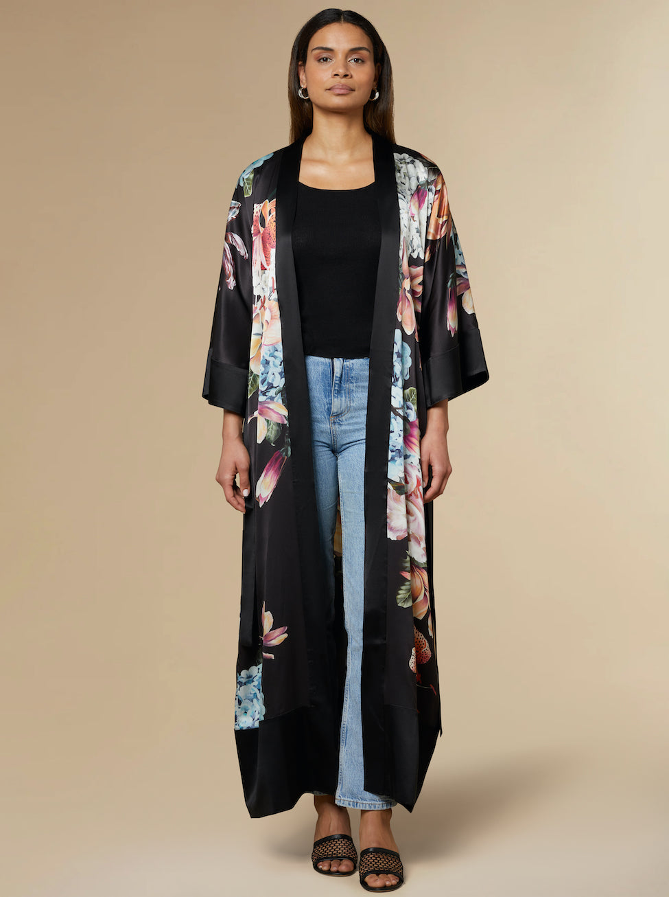 Stella Silk Kimono Robe Black
