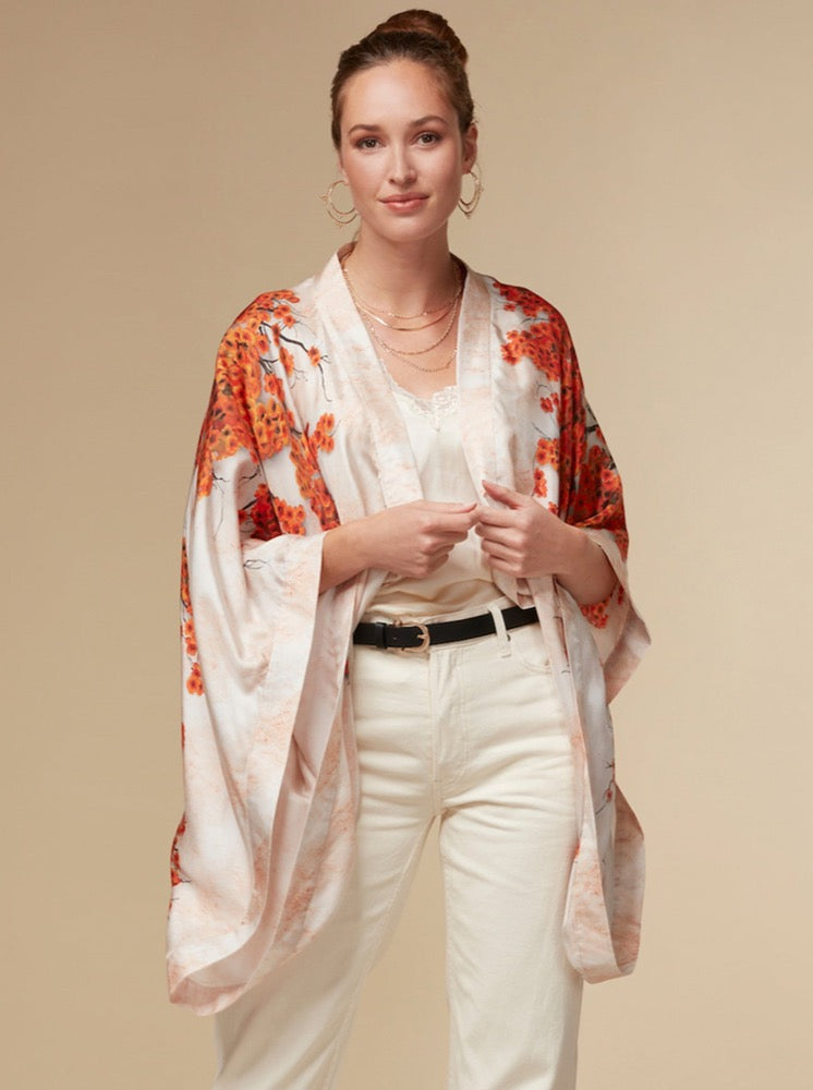 KAYLL SILK KIMONO TOP LUXURY RESORTWEAR ORANGE FLORAL PRINT