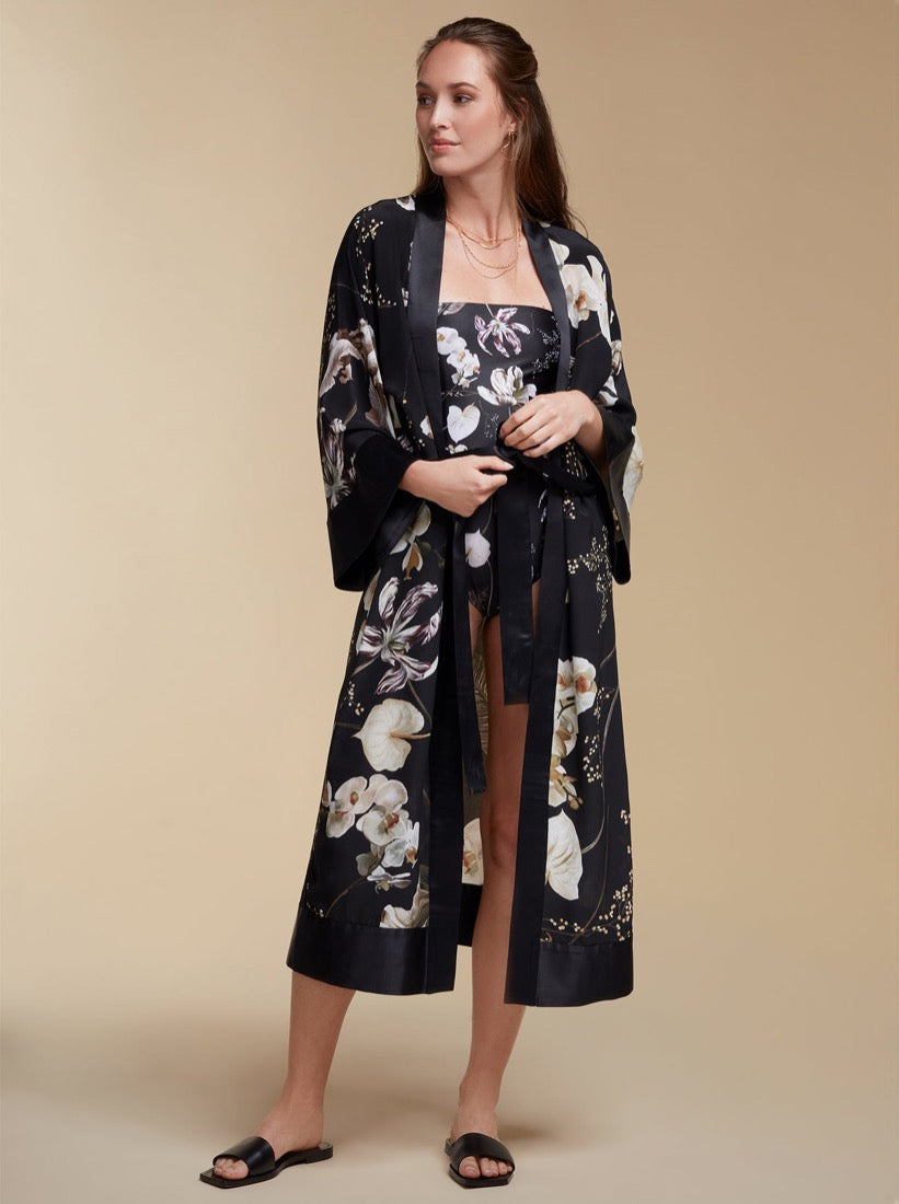 KAYLL BLACK FLORAL KIMONO ROBE MADE OF SILK UK