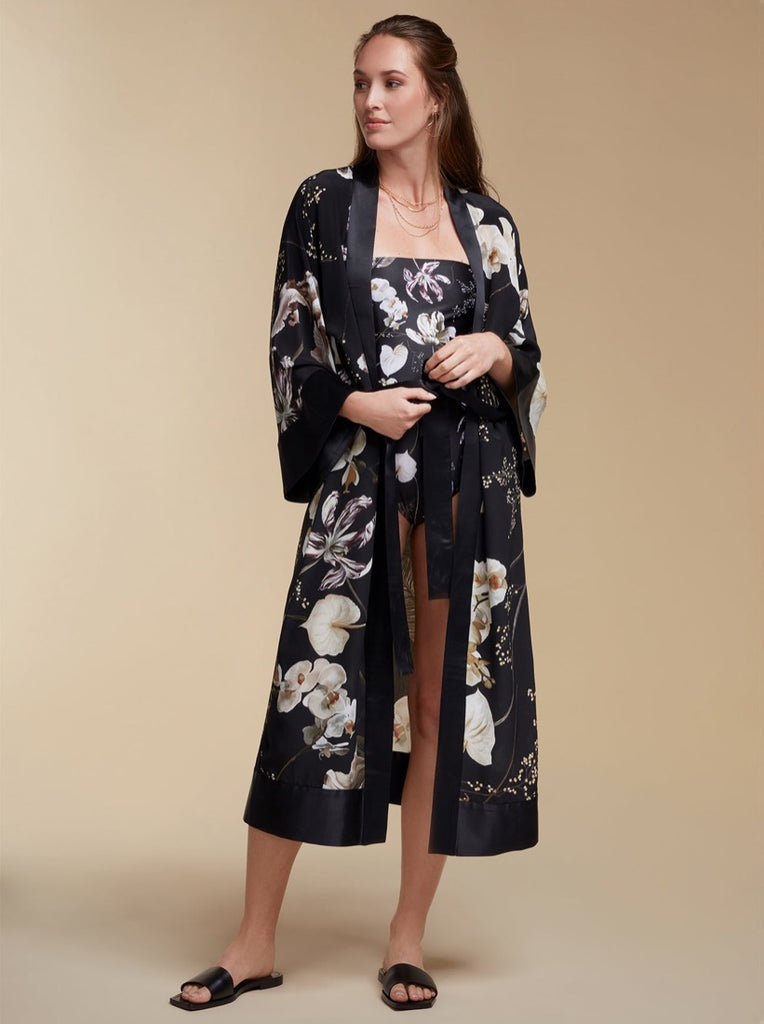 KAYLL BLACK FLORAL KIMONO ROBE MADE OF SILK UK