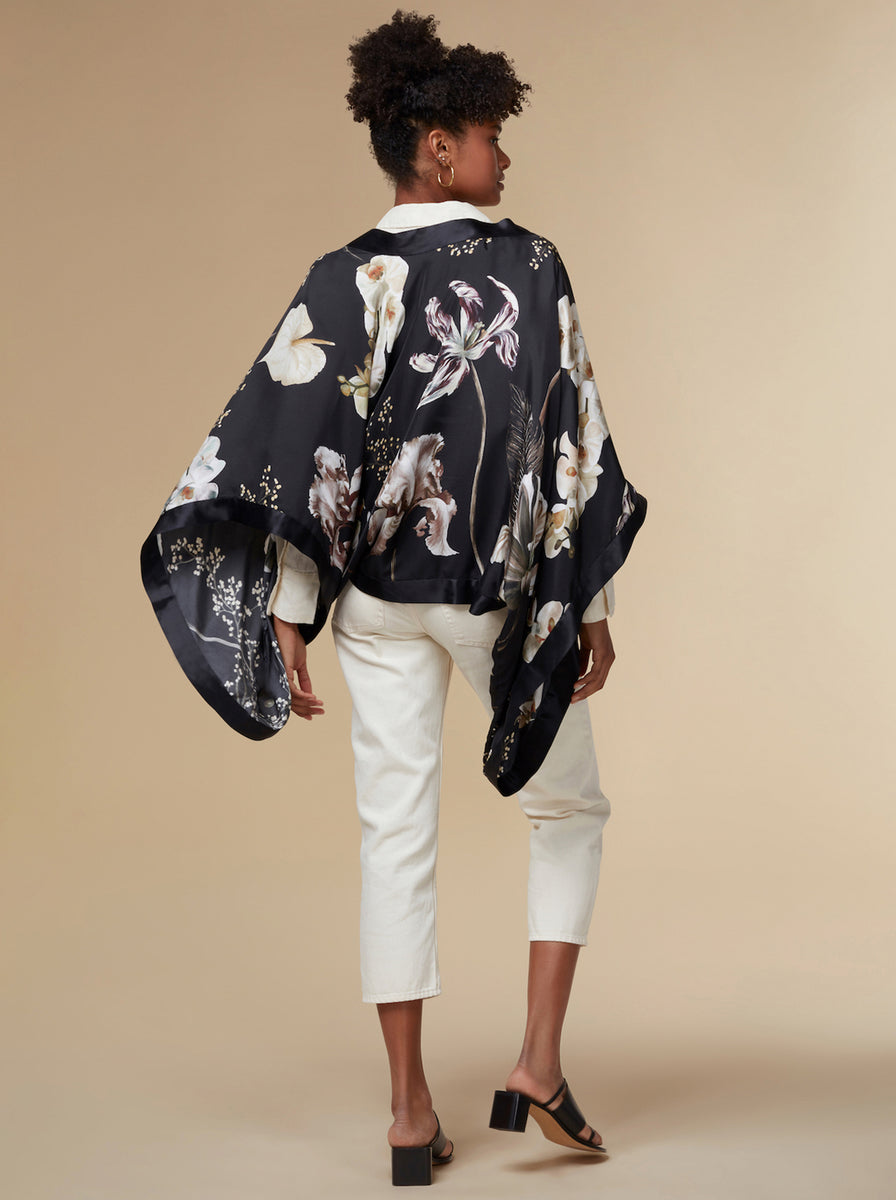 Black Silk Kimono Top Coverup Bolero Style Floral Silk Top by KAYLL Made in UK Ethically and sustainable made