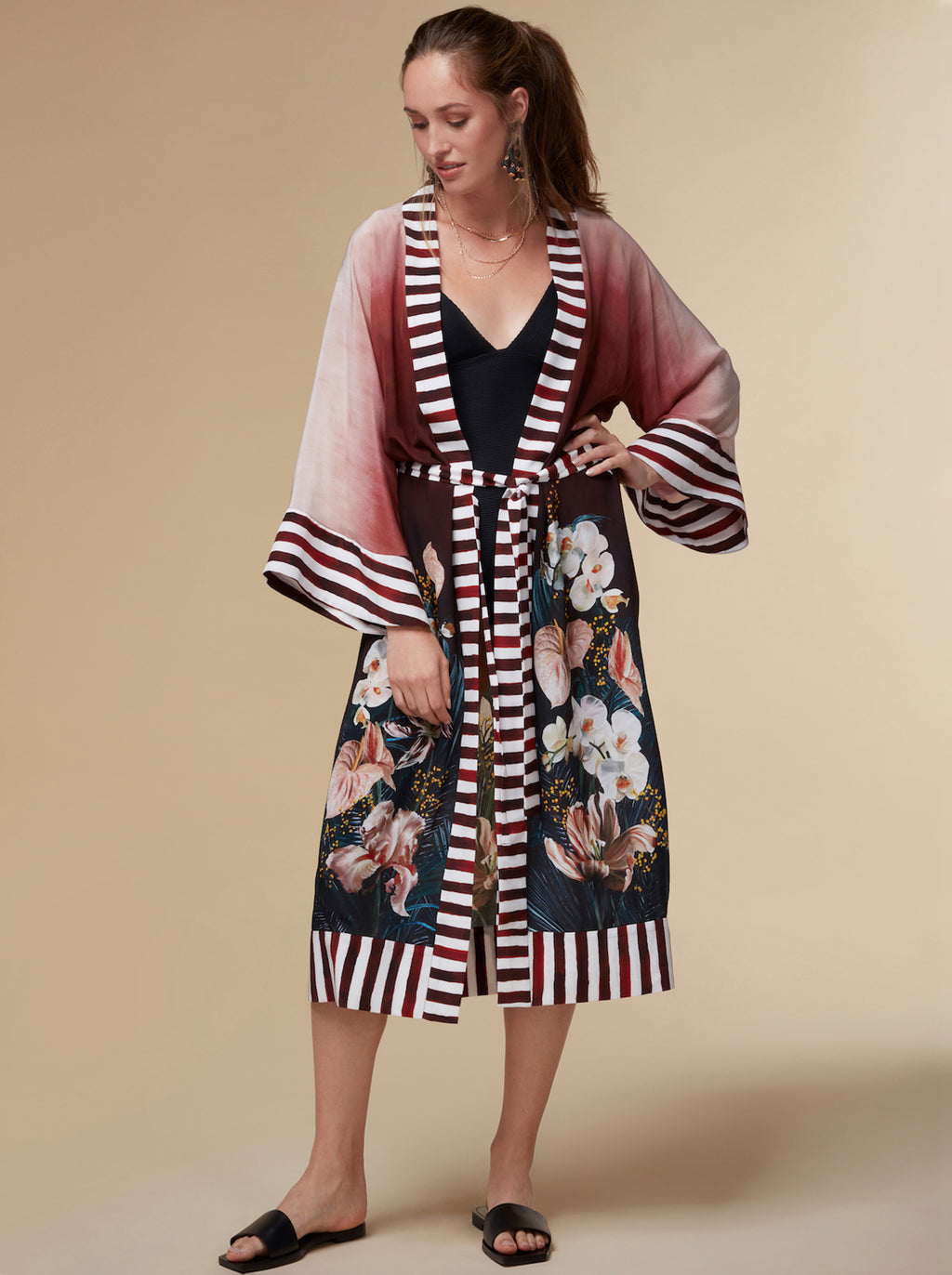Front view of Kayll silk robe in Olivia print with striped trim