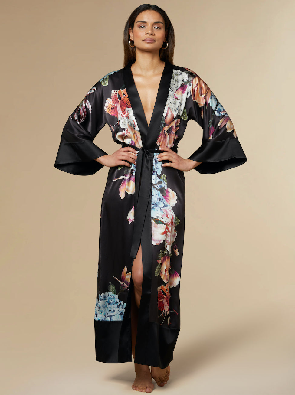 Silk black kimono robe KAYLL made in London with floral print - floor length luxury made of 100% silk satin