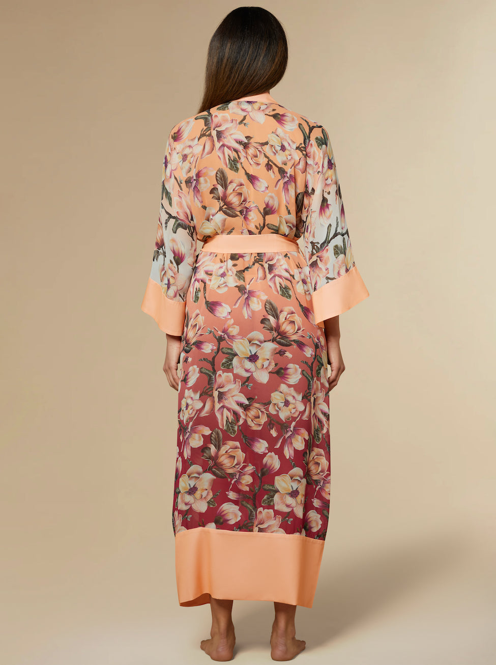 100% Silk Kimono Robe Peach Floral Print | KAYLL luxury resortwear made in London 100% Silk Kimono Robe Peach Floral Print | KAYLL luxury resortwear made in London