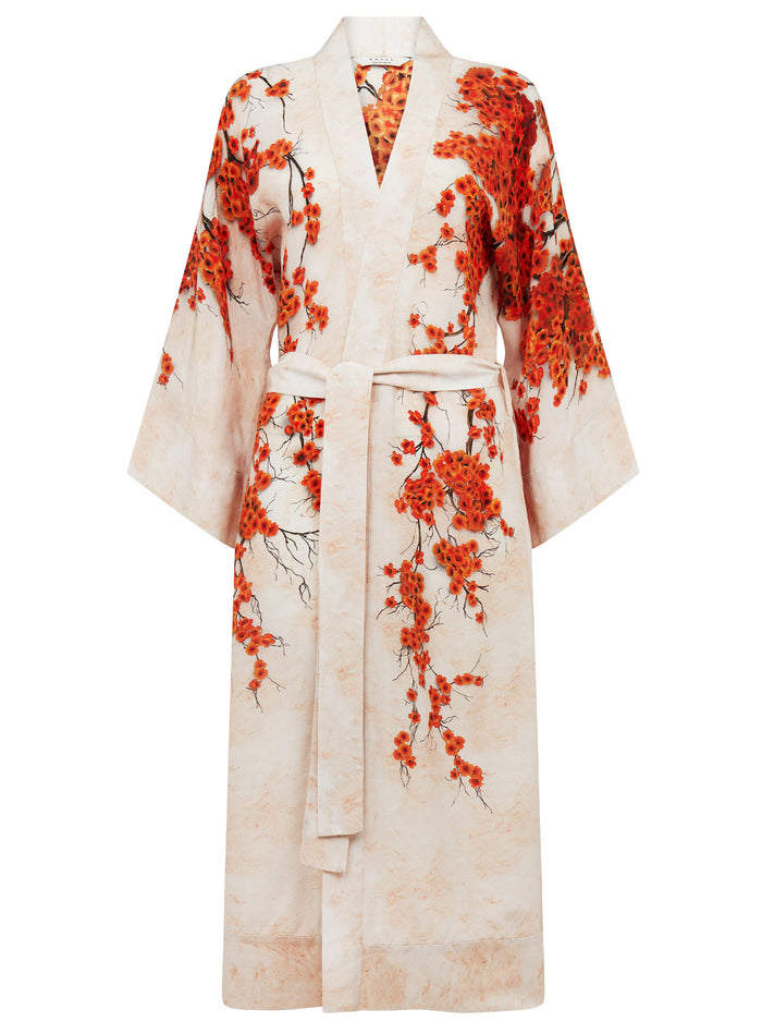 KAYLL Alice Silk Kimono Robe Orange Print